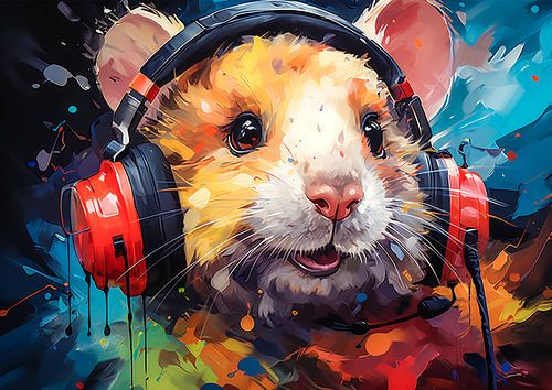 Funny hamster listens to music