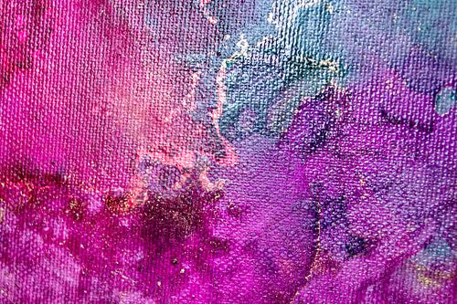 Abstrakte Alcohol-Ink-Malerei auf Leinwand, Pink, Grün und Violett