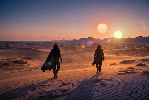 Wanderer in der Wüste bei Sonnenuntergang