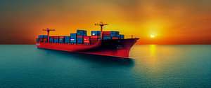 Panorama eines Container Schiffes im Sonnenuntergang Illustration