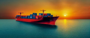 Panorama of a container ship in the sunset Illustration by Animaflora PicsStock