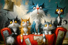 1318 – Verrückte, lustige Katzen auf dem Sofa mit großen Augen, Humor, abstrakt von John Joseb Art