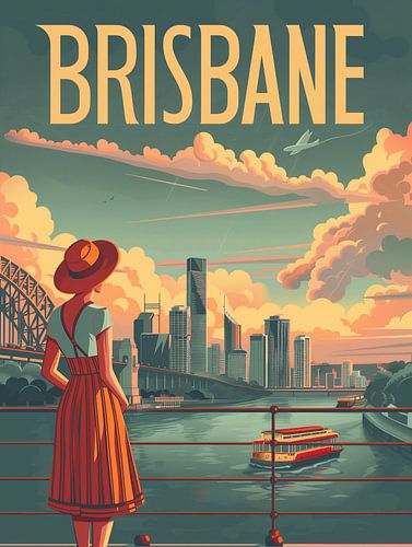Brisbane rivier romantiek: Retro Stadsgezicht Poster