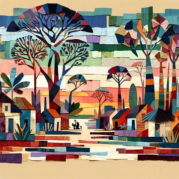 Collage kleurrijk Afrikaans dorpsleven van Lois Diallo