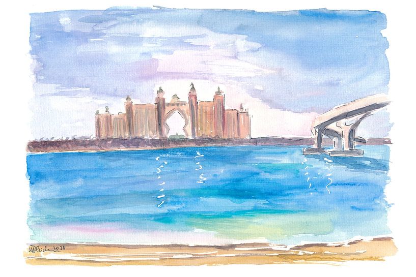 Architectonisch en iconisch uitzicht op Palm Jumeirah hotel en strand in Dubai van Markus Bleichner