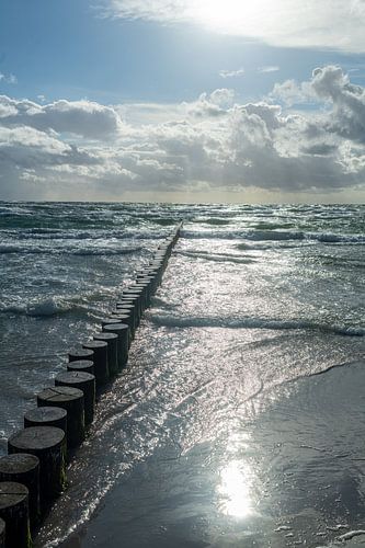 Kribben aan de Baltische Zee in zonlicht en bewolkte hemel