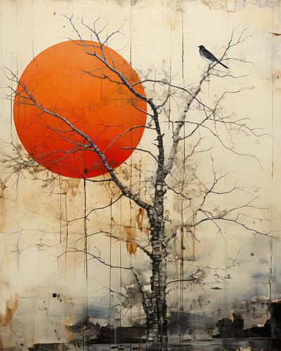 Bird on a branch with a red sun in the background by Studio Allee