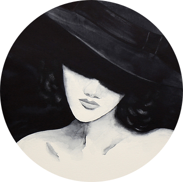 In de schaduw (zwart wit aquarel schilderij naakt portret vrouw met hoed slaapkamer mancave) van Natalie Bruns