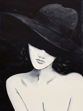 In the shadows (black and white watercolor painting nude portrait woman with hat bedroom mancave)