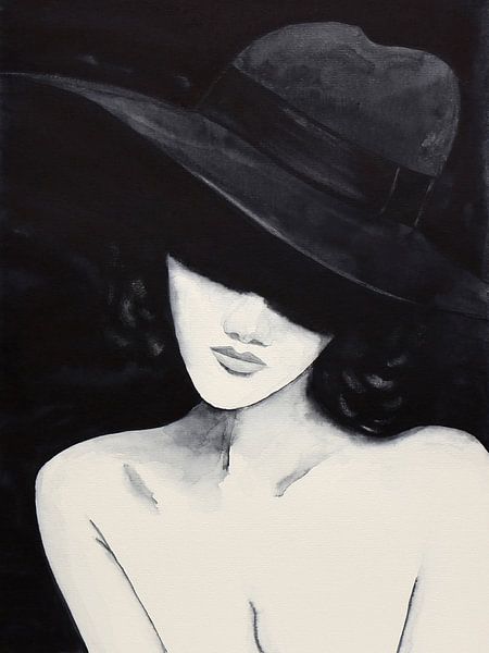 In the shadows (black and white watercolor painting nude portrait woman with hat bedroom mancave) by Natalie Bruns