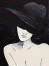 In de schaduw (zwart wit aquarel schilderij naakt portret vrouw met hoed slaapkamer mancave) van Natalie Bruns thumbnail