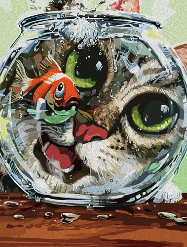 Nieuwsgierige kat & voorzichtige goudvis