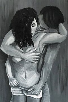 Ontwaak mijn ziel schilderij grijs tinten passie man en vrouw van Krista Kitsz Art