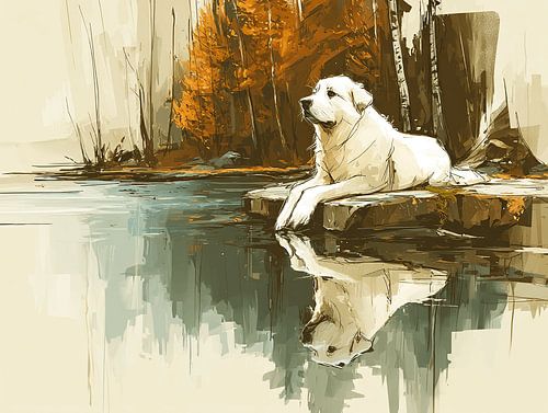 Autumn Reflections | Pyrenean Mountain Dog at Lake Forest