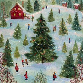 Paysage hivernal atmosphérique avec arbre de Noël décoré et scènes de village joyeuses sur But First Framing