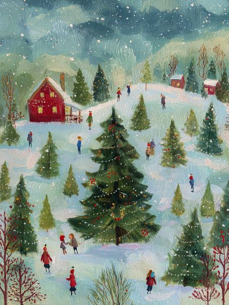 Sfeervol winterlandschap met versierde kerstboom en vrolijke dorpstaferelen van But First Framing