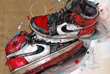Nike air Jordan 1 bred toe schilderij van Jos Hoppenbrouwers