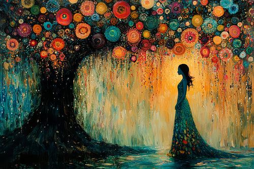 schilderachtige japanse kunst vrouw bij boom