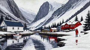 Schneebedecktes Fjorddorf in Norwegen