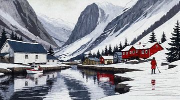 Besneeuwd Fjorddorp in Noorwegen van Arjen Roos
