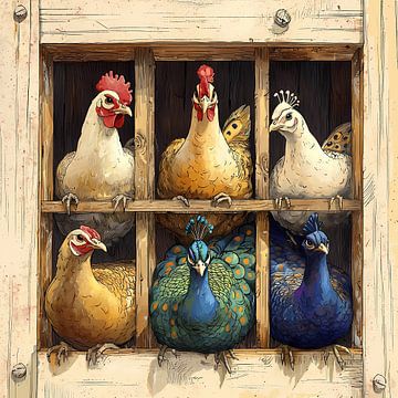 Humoristische illustratie van huisdieren. Rooster, chickens and peacock van Ariadna de Raadt-Goldberg