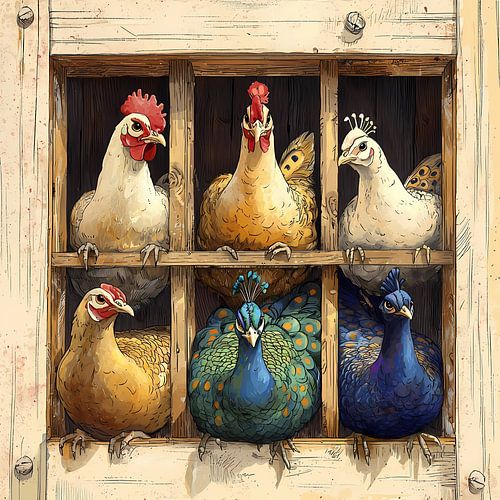 Humoristische illustratie van huisdieren. Rooster, chickens and peacock