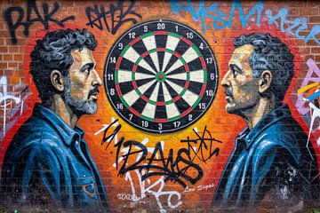 2 joueurs de fléchettes en duel avant le tournoi de fléchettes - Mur de briques style graffiti sur Segaspics