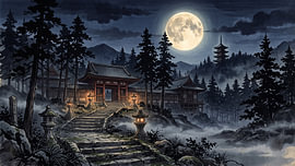 Full Moon Japanese Temple Night by my pixel art