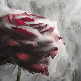 Drama in the light: A red rose shrouded in smoke by Marjolijn van den Berg