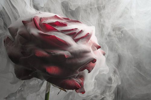 Drama im Licht: Eine rote Rose, umhüllt von Rauch von Marjolijn van den Berg