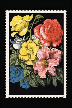 Vintage-Briefmarke mit Blumen und schwarzem Hintergrund von Digitale Schilderijen