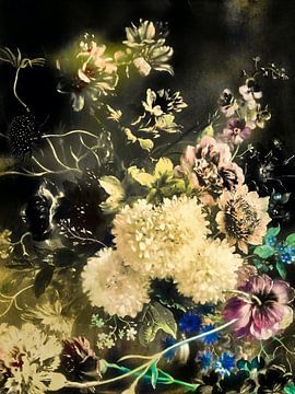 Retro Bloemen met Gouden Glinstering van Mad Dog Art
