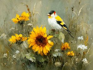 Der Stieglitz an der Sonnenblume auf der Wiese