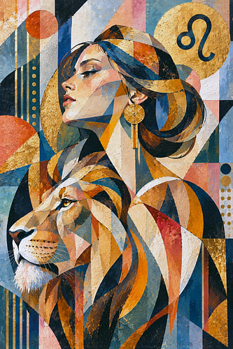 Leo Zodiac Lion Painting – Celestial Gold Astrology Art