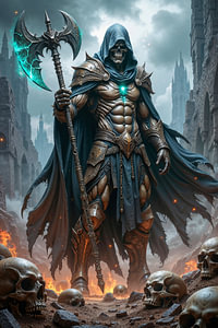 Dark Fantasy Décoration Murale: KHARVEX – La Faucheuse avec sa Hache dans la Cité des Crânes