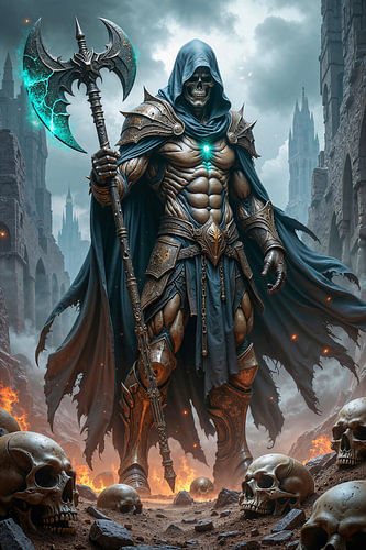 Dark Fantasy Gothic Wall Art: KHARVEX – The Grim Reaper with His Axe in the City of Skulls