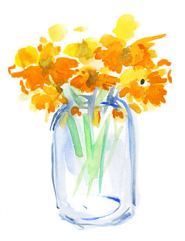 Marigolds in blue glass