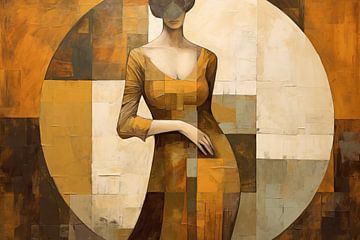 Abstract Schilderij van een Vrouw in Rustige Goudbruine Tinten