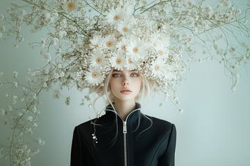Big Hair, Don't Care | jonge vrouw helder blauwe grijsblauwe ogen met bloemen en takken hoed bloementooi kroon van bloemen van Sander van der Torren