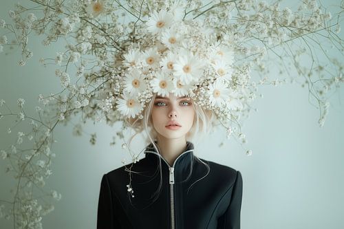 Big Hair, Don't Care | jonge vrouw helder blauwe grijsblauwe ogen met bloemen en takken hoed bloementooi kroon van bloemen