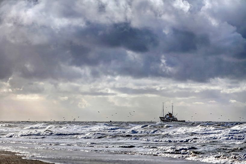 Fischerboot an der Küste von Texel von Hans Kwaspen