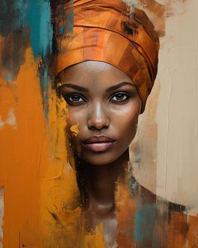 Femme africaine en orange et bleu sur Carla Van Iersel