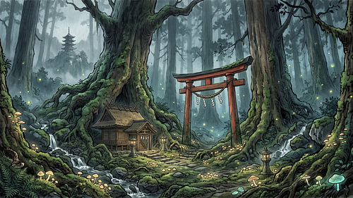 Sacred Japanese Forest Shrine Beneath Ancient Cedar Trees