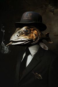 Fisch als Mafiaboss Gangster mit schwarzem Hintergrund