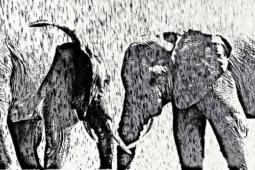 two Elephants at a waterhole mixed media