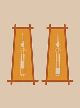 Abstract illustration of Thai dolls in costume in orange and beige