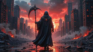 Dark Fantasy Art Wandbild: THANAVOR - Der Sensenmann wandert durch durch eine zerstörte Stadt