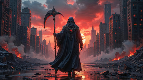 Dark Fantasy Art Wandbild: THANAVOR - Der Sensenmann wandert durch durch eine zerstörte Stadt