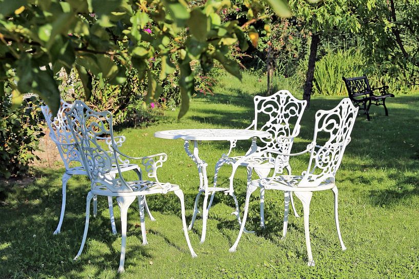 Verger bien entretenu avec mobilier de jardin de style rustique. par Udo Herrmann