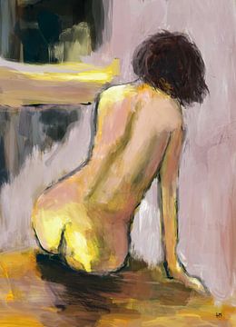Portrait de nu avec une belle lumière. Peinture de nu féminin. sur Hella Maas